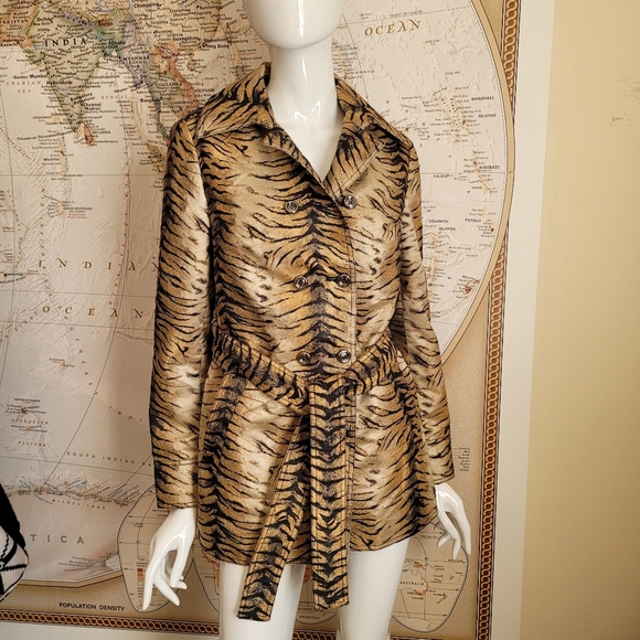 Per Se tiger print trench coat double breasted with belt shoulder tabs edgy 4 - Picture 14 of 15